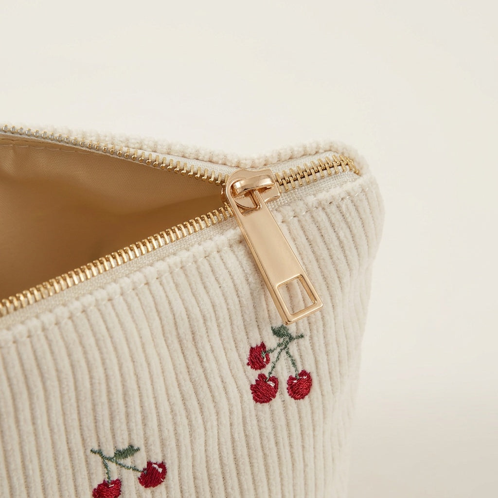 Trousse de Maquillage Velours Côtelé Cerises — BelleTrousse