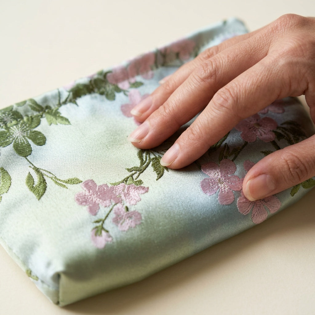 Trousse de Maquillage Satin Fleuri Vert Sauge — BelleTrousse