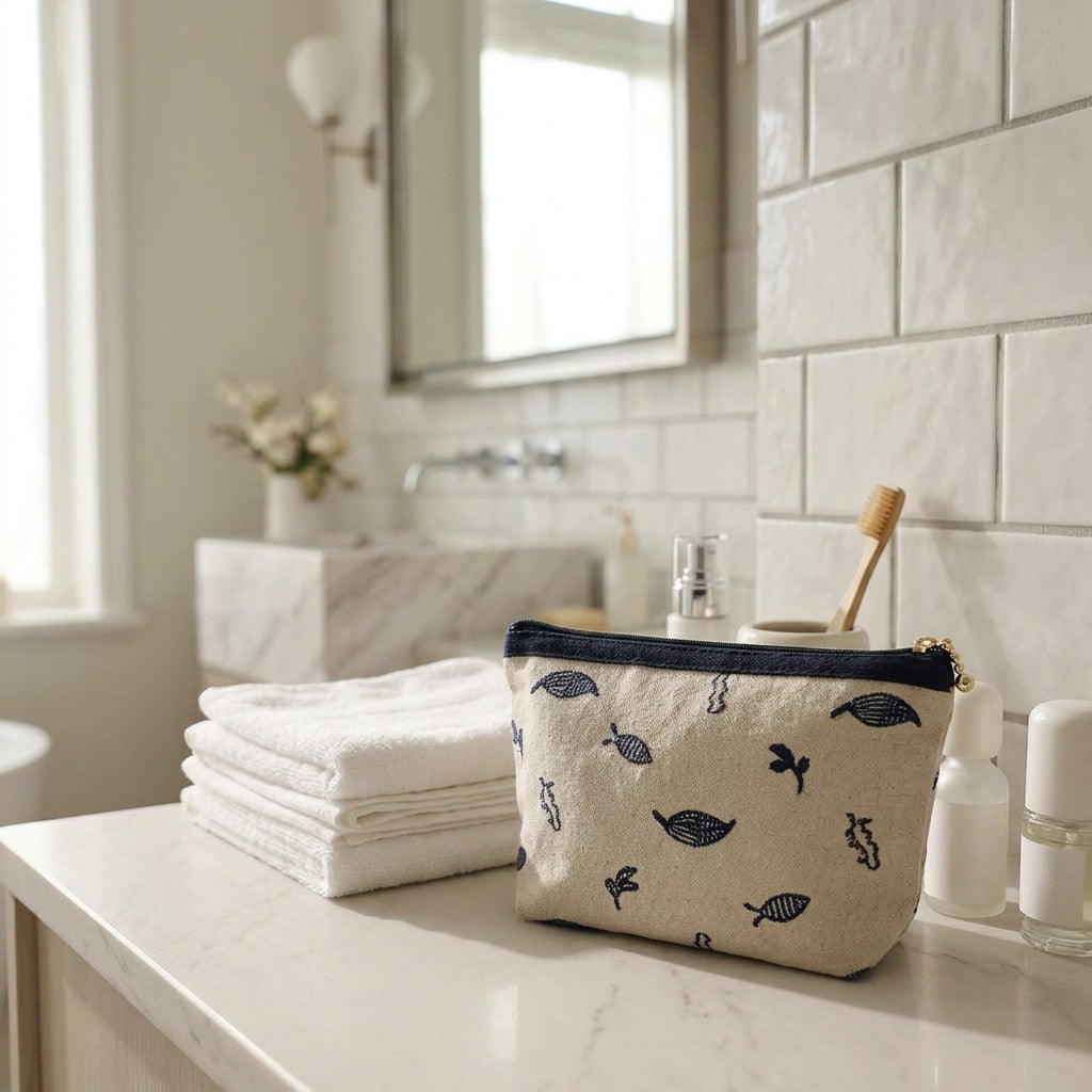 Trousse de Maquillage Lin Brodé Poissons Marine — BelleTrousse