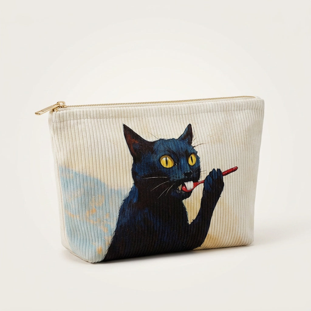 Trousse de Maquillage Velours Côtelé Chat Noir — BelleTrousse
