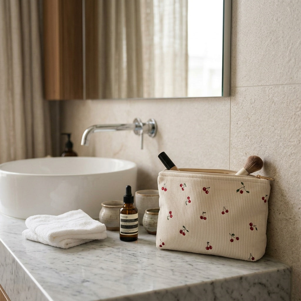 Trousse de Maquillage Velours Côtelé Cerises — BelleTrousse