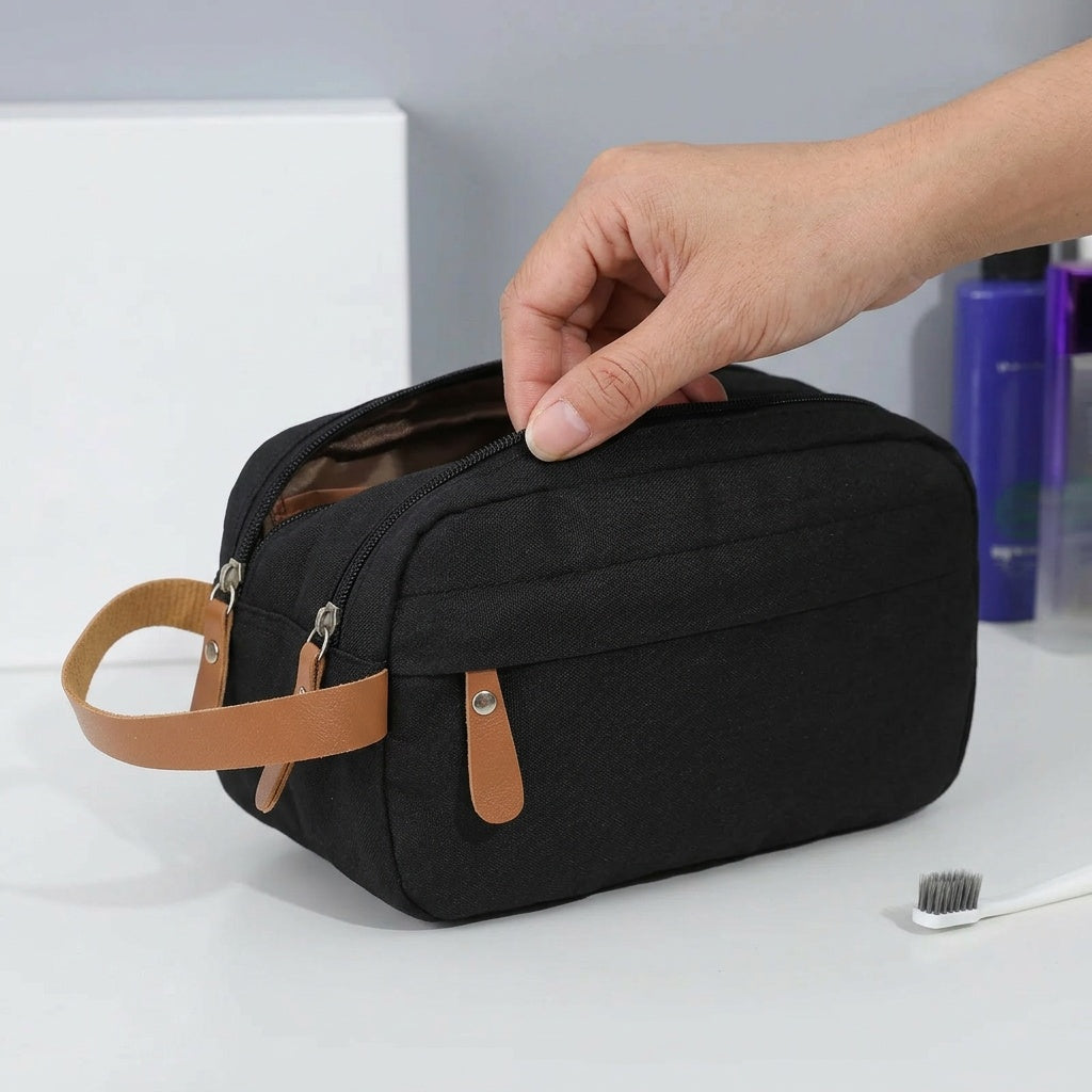 Vanity de Voyage Toile Chiné Gris & Cuir — BelleTrousse