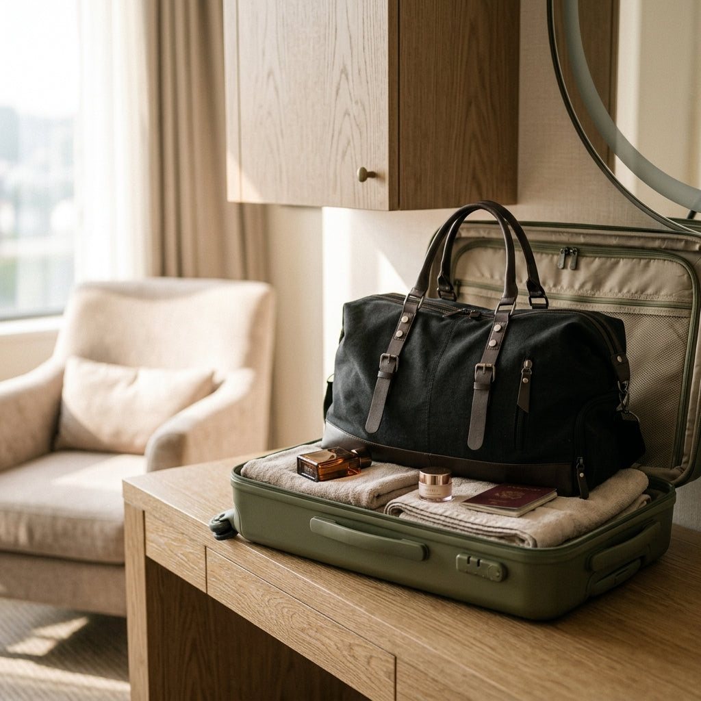 Sac de Voyage Canvas Kaki & Cuir Marron — BelleTrousse