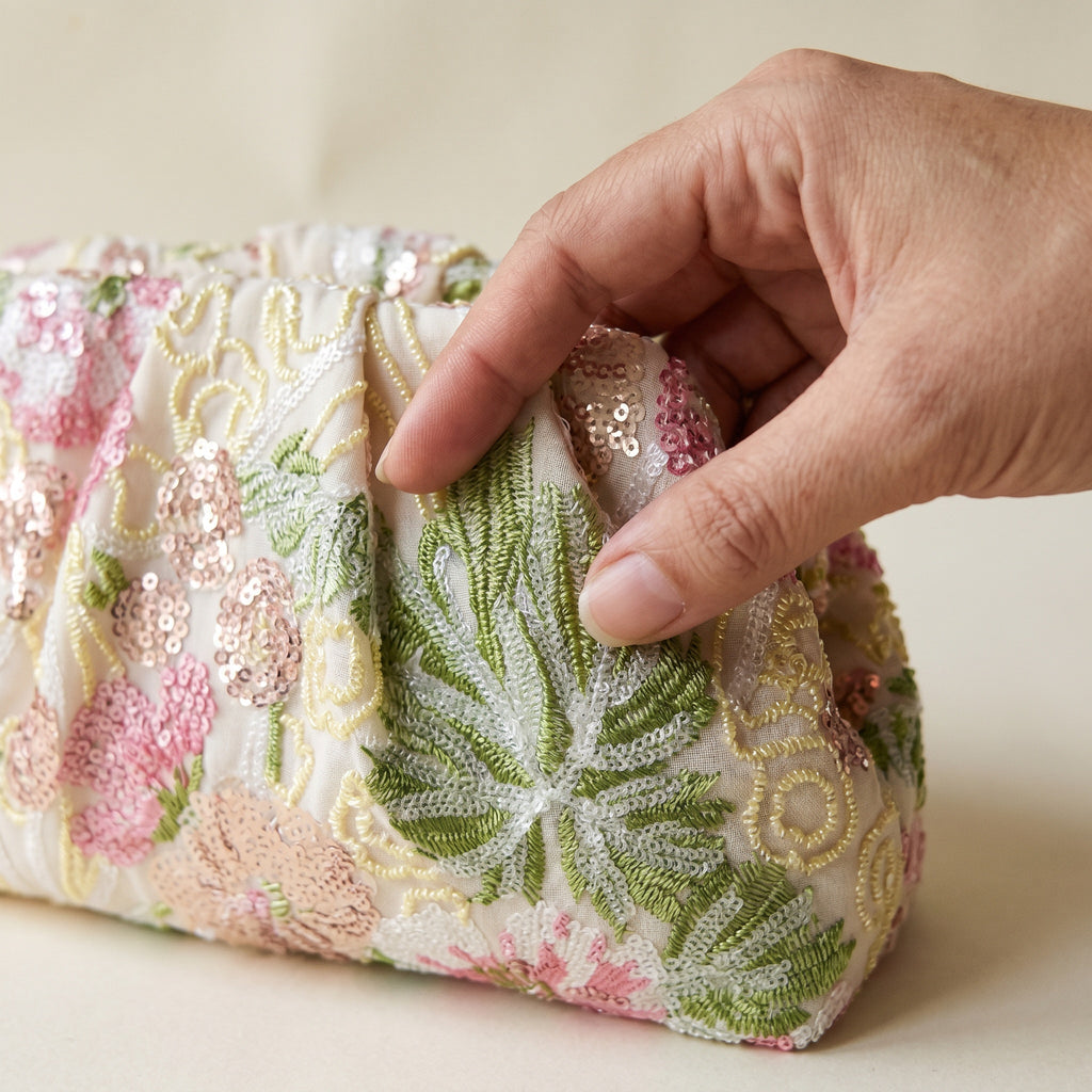 Pochette Tendance Broderie Florale Pastel — BelleTrousse