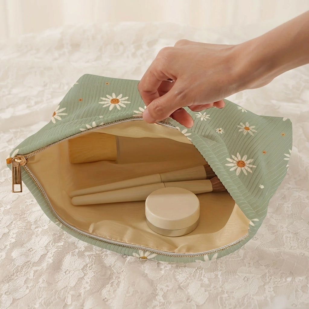 Trousse de Maquillage Velours Côtelé Marguerites Vert Sauge — BelleTrousse