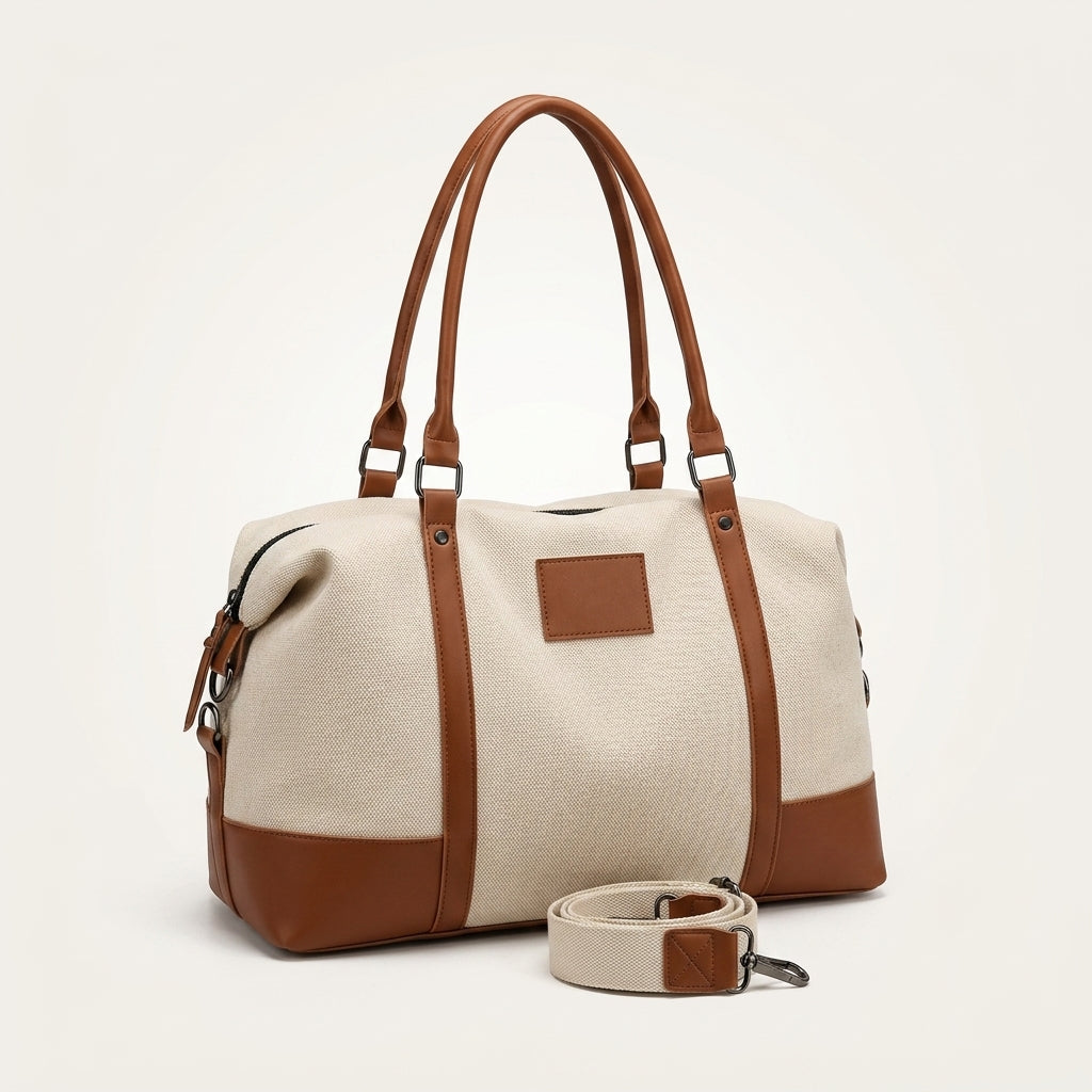 Sac de Voyage Canvas Crème & Cuir Camel — BelleTrousse