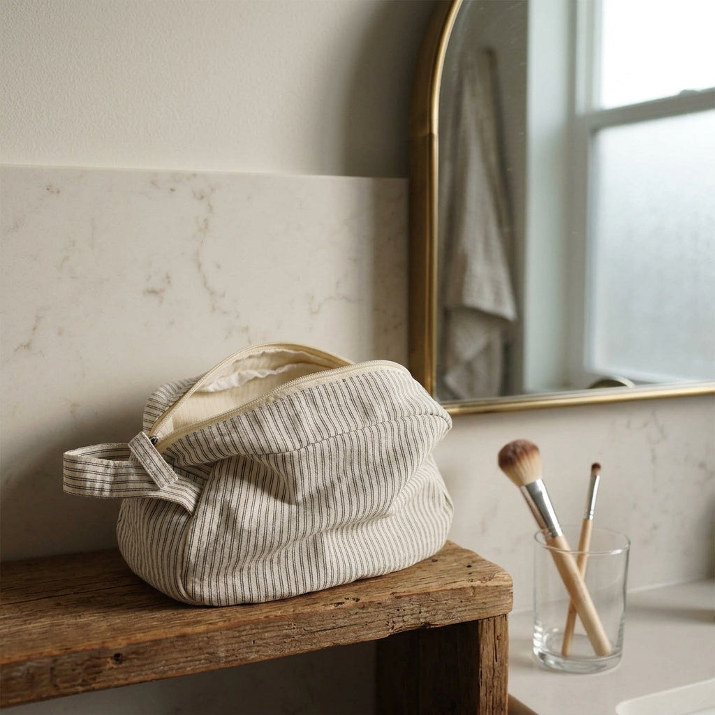 Trousse de Toilette Seersucker Rayures Bleu Gris — BelleTrousse