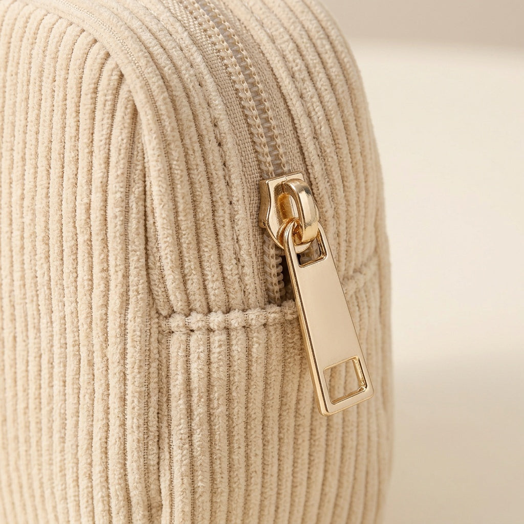 Trousse de Maquillage Velours Côtelé Beige — BelleTrousse