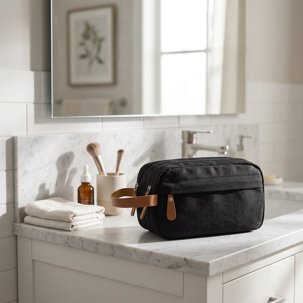 Vanity de Voyage Toile Chiné Gris & Cuir — BelleTrousse