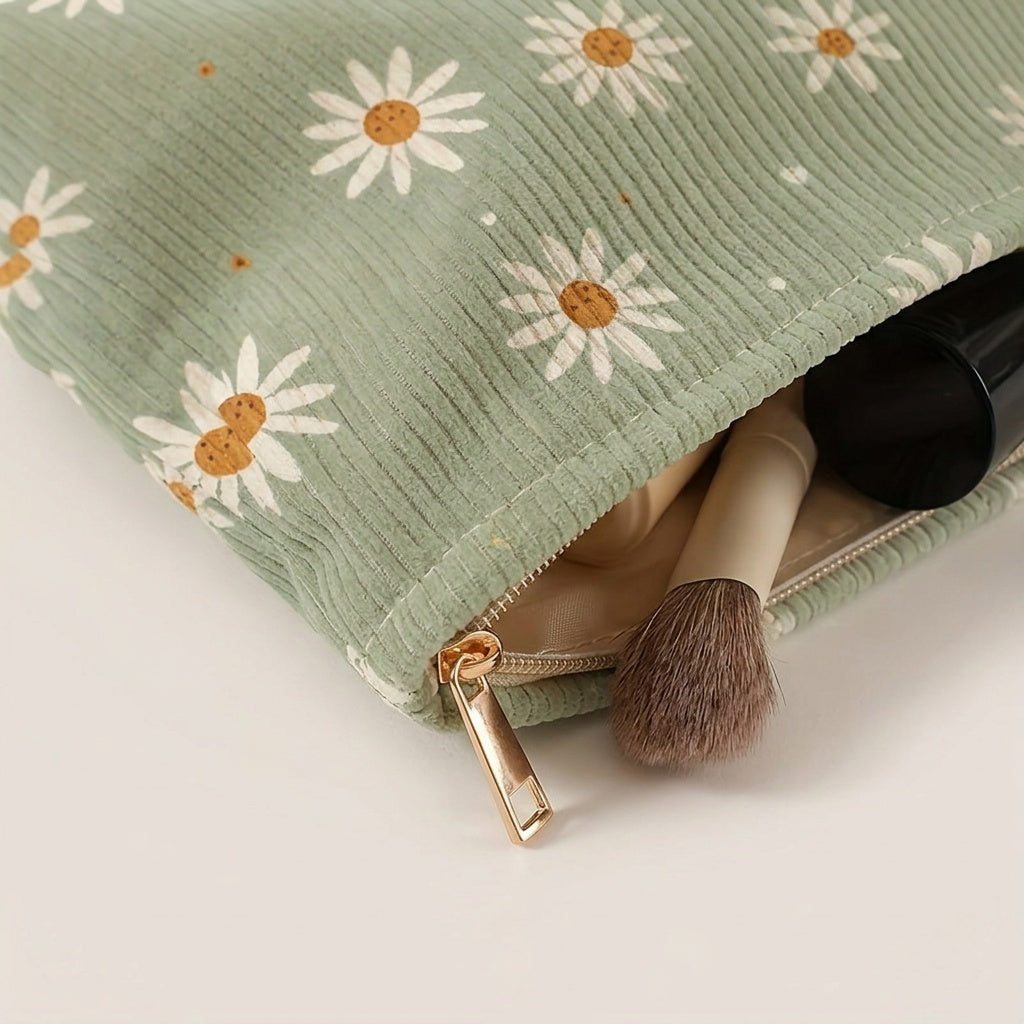 Trousse de Maquillage Velours Côtelé Marguerites Vert Sauge — BelleTrousse