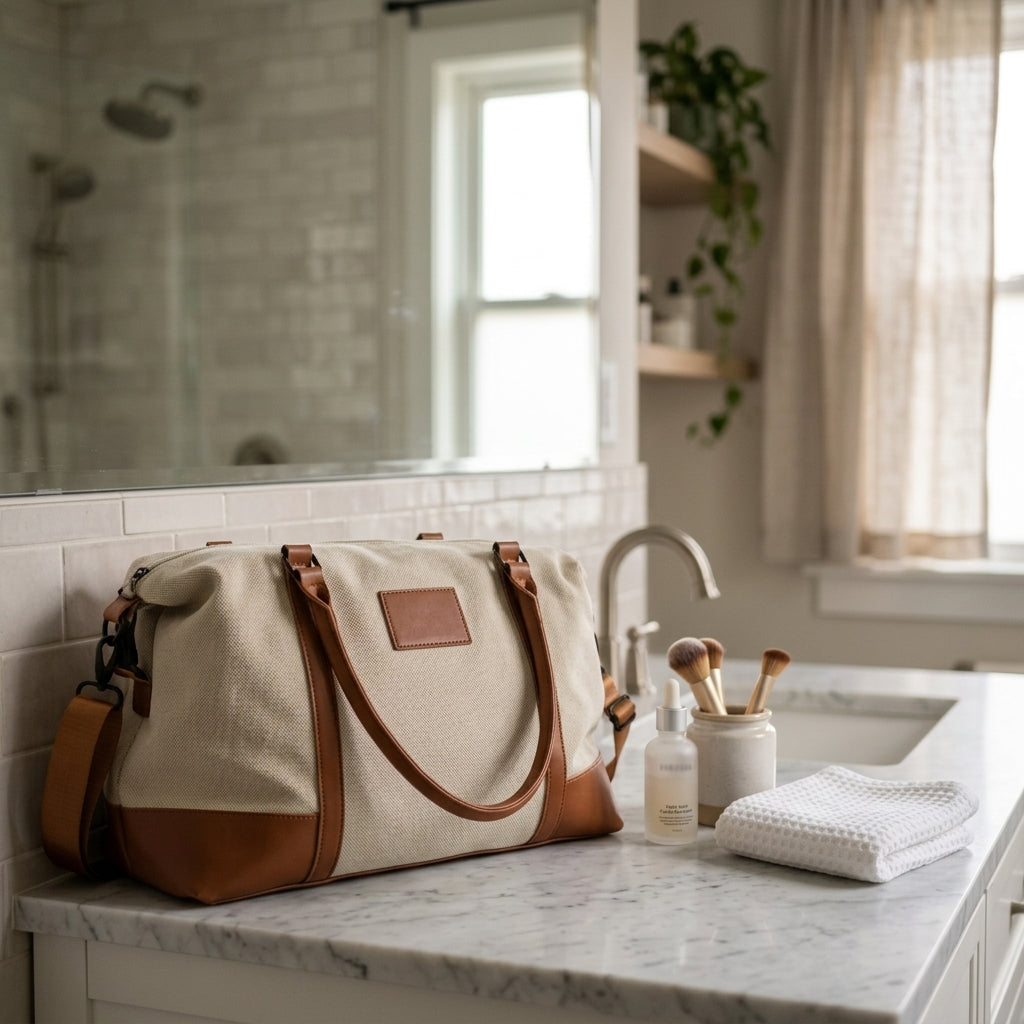 Sac de Voyage Canvas Crème & Cuir Camel — BelleTrousse