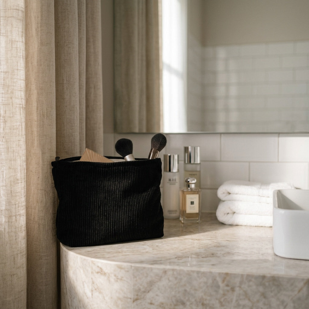 Trousse de Maquillage Velours Côtelé Noir — BelleTrousse