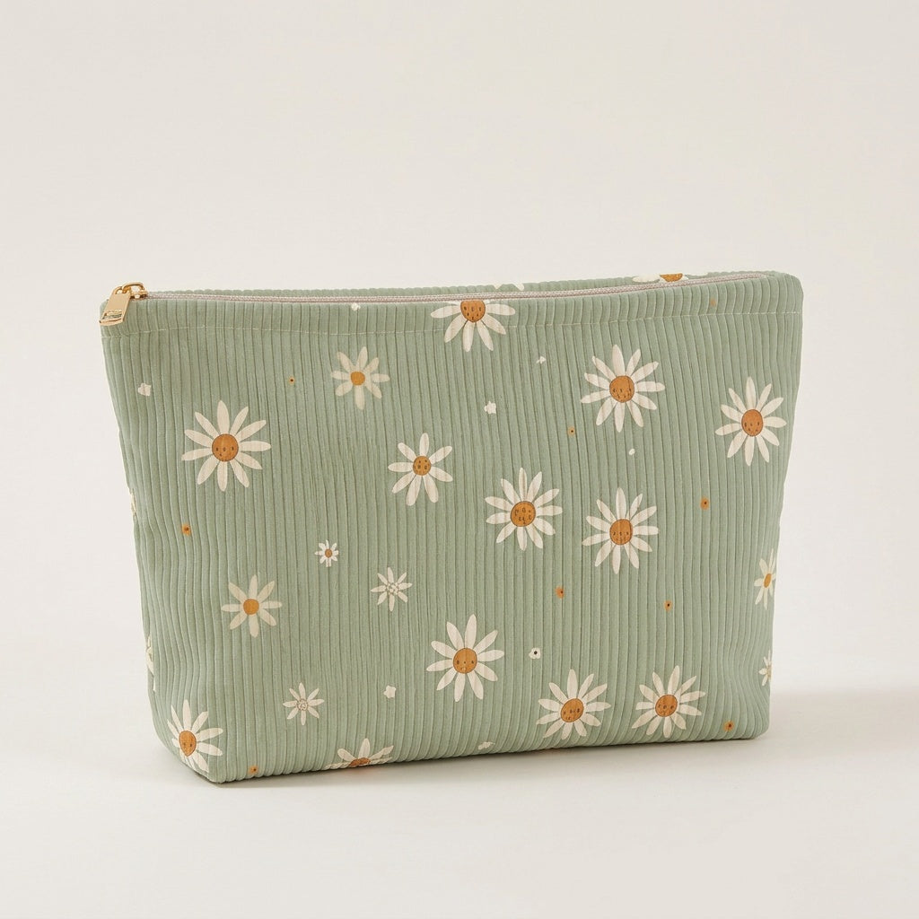 Trousse de Maquillage Velours Côtelé Marguerites Vert Sauge — BelleTrousse