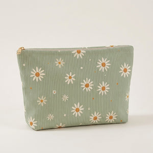 Trousse de Maquillage Velours Côtelé Marguerites Vert Sauge — BelleTrousse