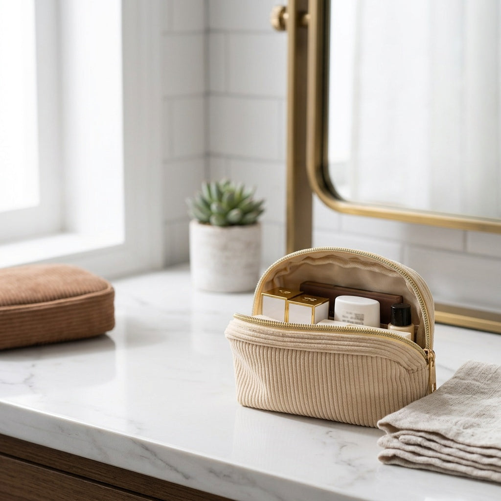 Trousse de Maquillage Velours Côtelé Beige — BelleTrousse