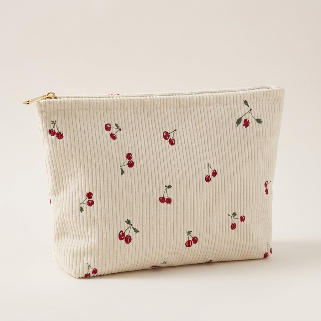 Trousse de Maquillage Velours Côtelé Cerises — BelleTrousse