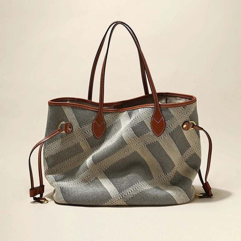 Sac Tendance Toile Motif Géométrique & Cuir Camel — BelleTrousse