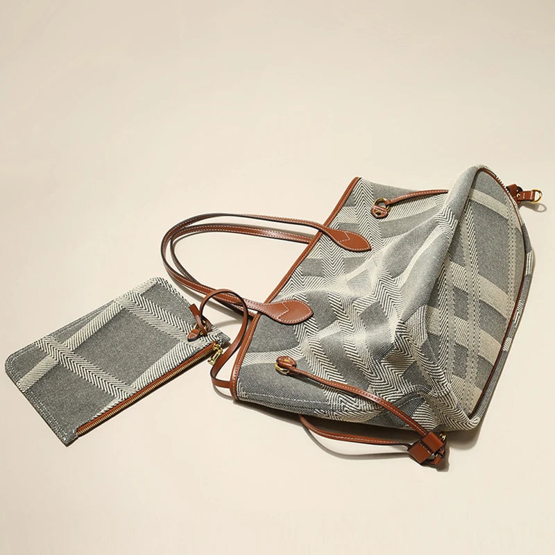Sac Tendance Toile Motif Géométrique & Cuir Camel — BelleTrousse