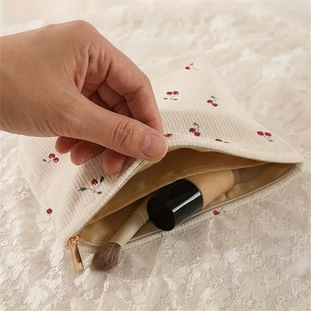 Trousse de Maquillage Velours Côtelé Cerises — BelleTrousse