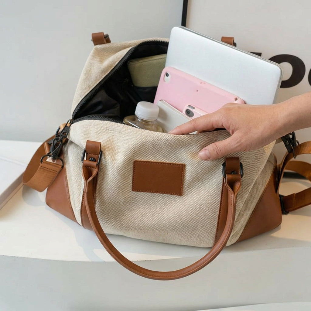 Sac de Voyage Canvas Crème & Cuir Camel — BelleTrousse