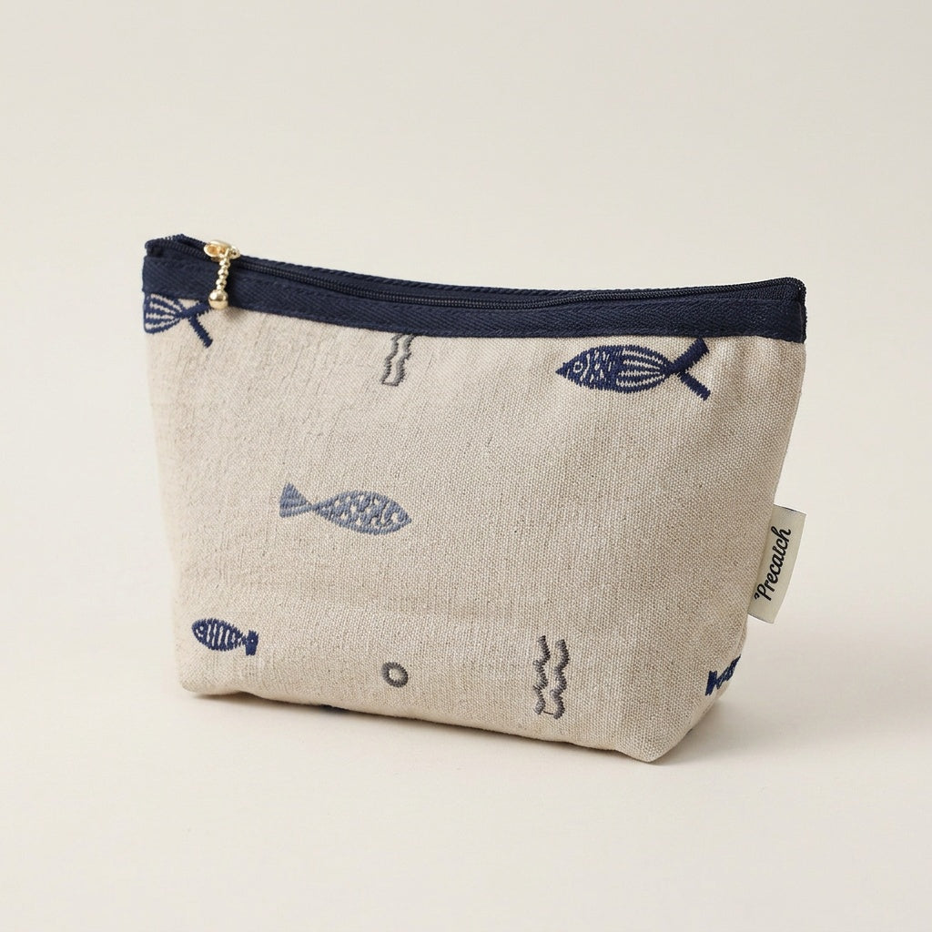 Trousse de Maquillage Lin Brodé Poissons Marine — BelleTrousse