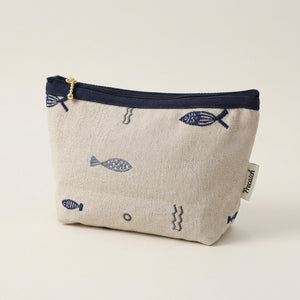 Trousse de Maquillage Lin Brodé Poissons Marine — BelleTrousse