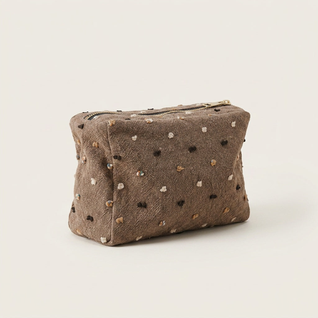Trousse de Maquillage Velours Brodé Taupe — BelleTrousse