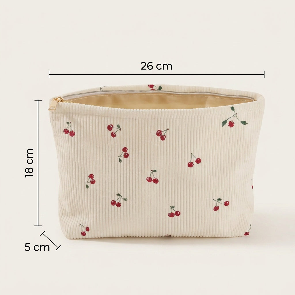 Trousse de Maquillage Velours Côtelé Cerises — BelleTrousse