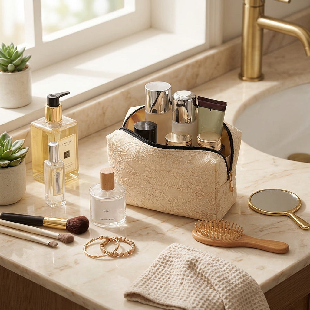 Trousse de Maquillage Broderie Florale Ivoire — BelleTrousse