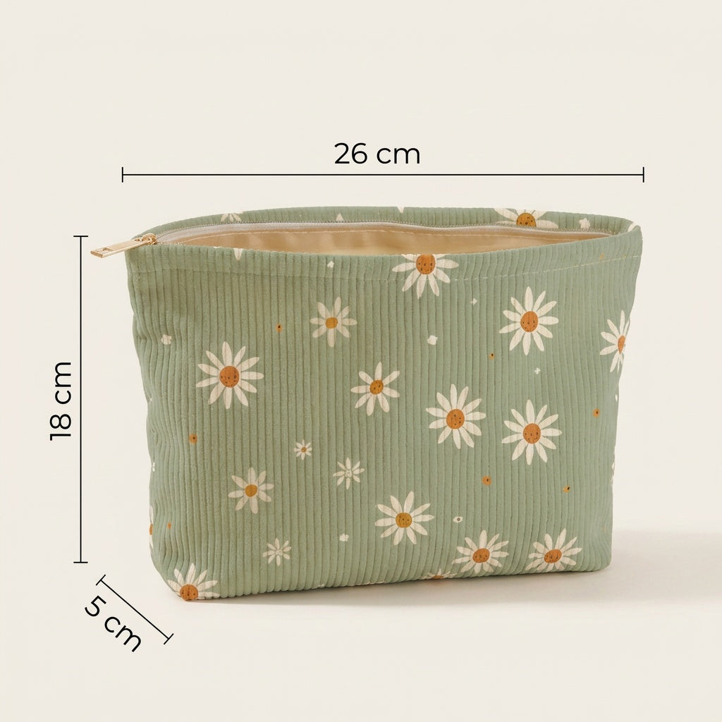 Trousse de Maquillage Velours Côtelé Marguerites Vert Sauge — BelleTrousse
