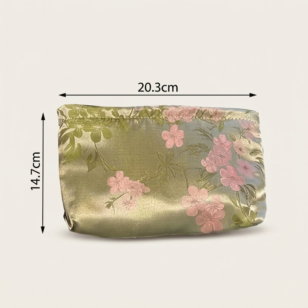 Trousse de Maquillage Satin Fleuri Vert Sauge — BelleTrousse