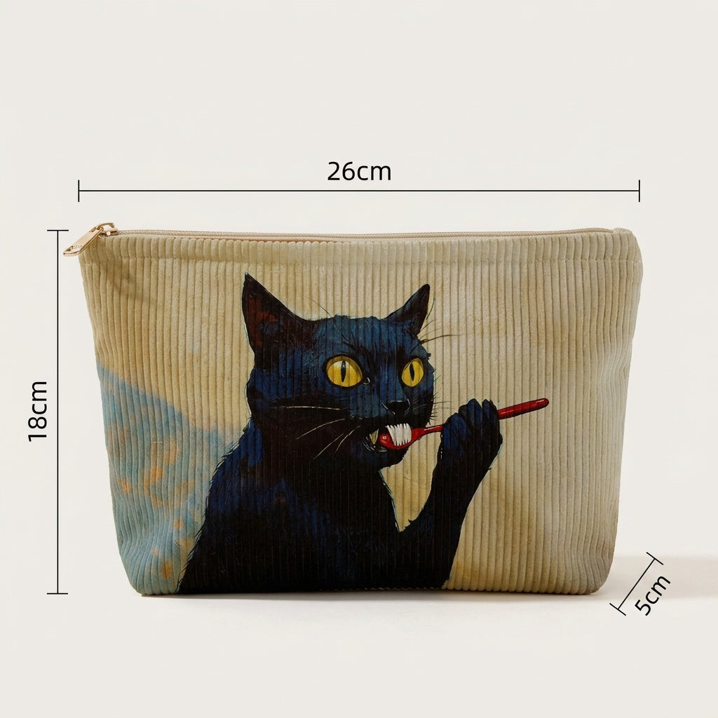 Trousse de Maquillage Velours Côtelé Chat Noir — BelleTrousse