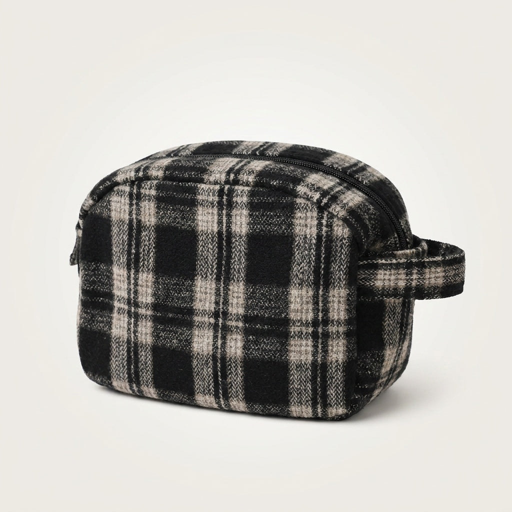 Trousse de Toilette Tweed Carreaux Noir & Crème — BelleTrousse
