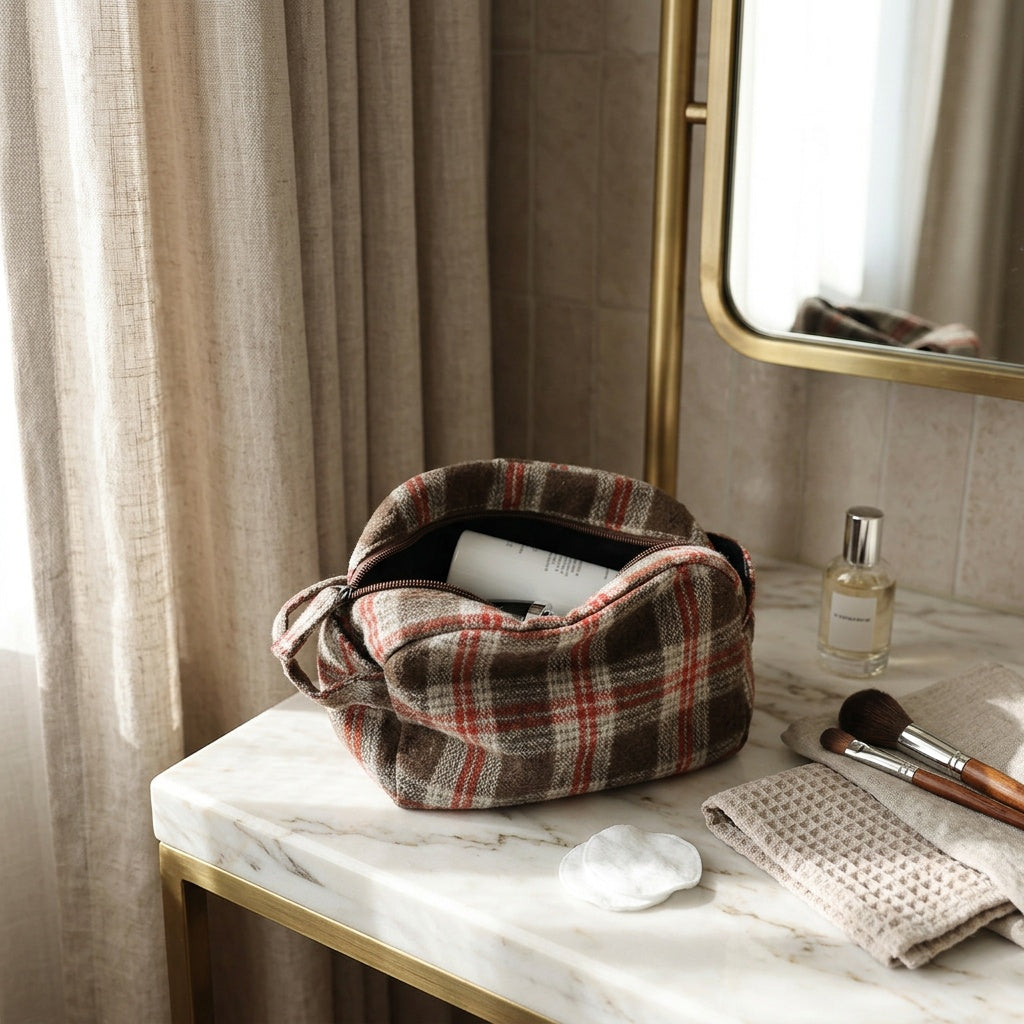 Trousse de Toilette Tweed Carreaux Noir & Crème — BelleTrousse