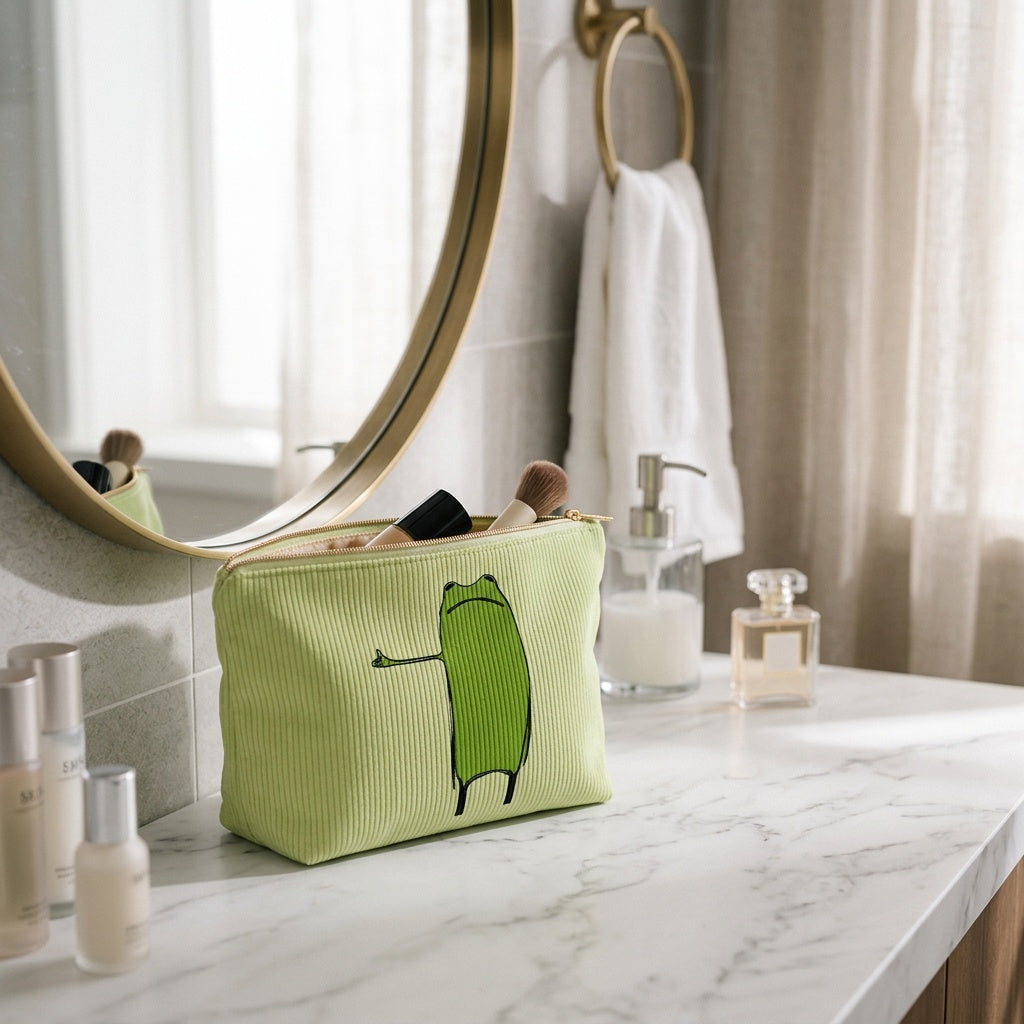 Trousse de Maquillage Velours Côtelé Grenouille Vert — BelleTrousse
