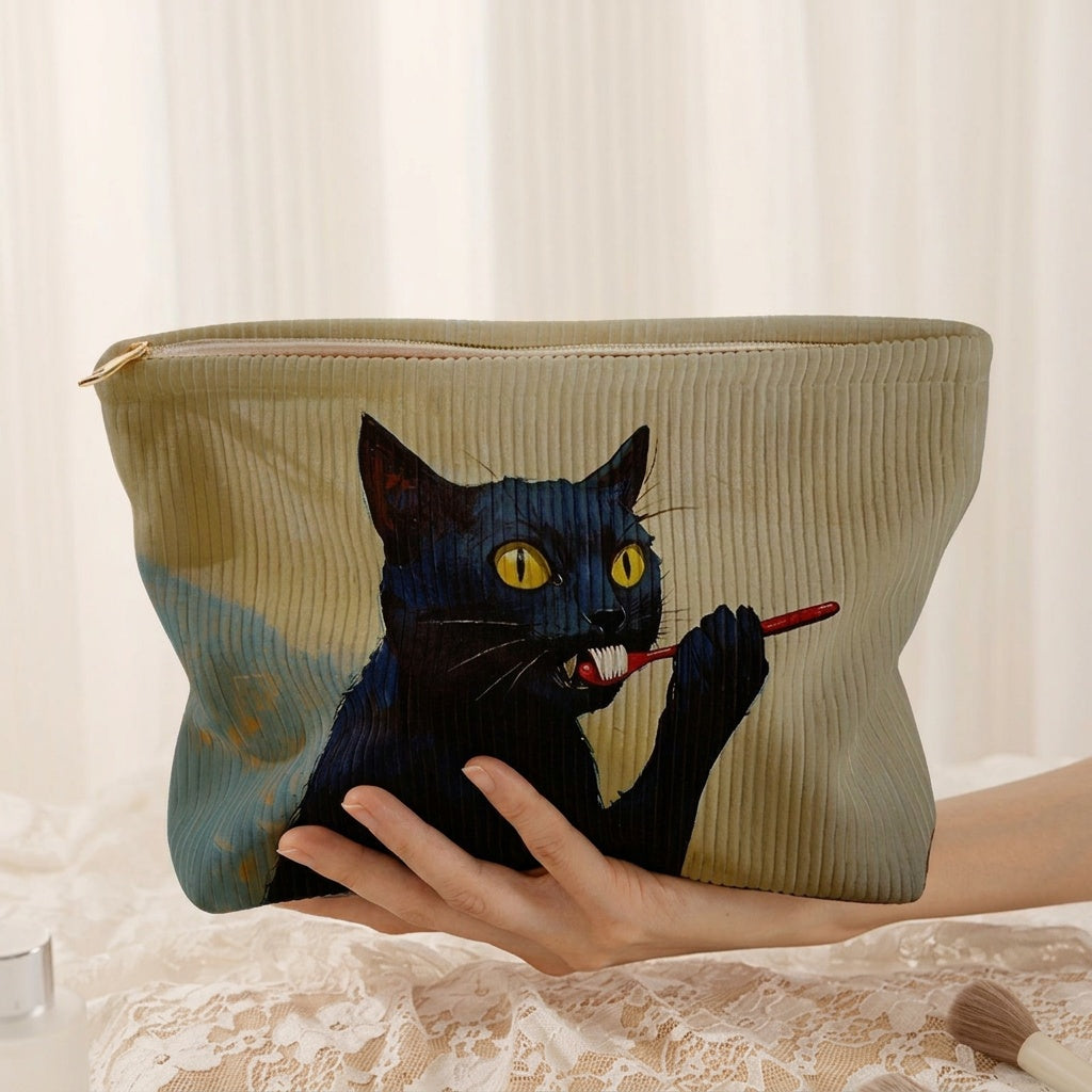 Trousse de Maquillage Velours Côtelé Chat Noir — BelleTrousse