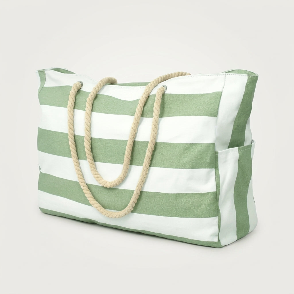 Sac de Plage Rayures Vert Sauge & Blanc — BelleTrousse