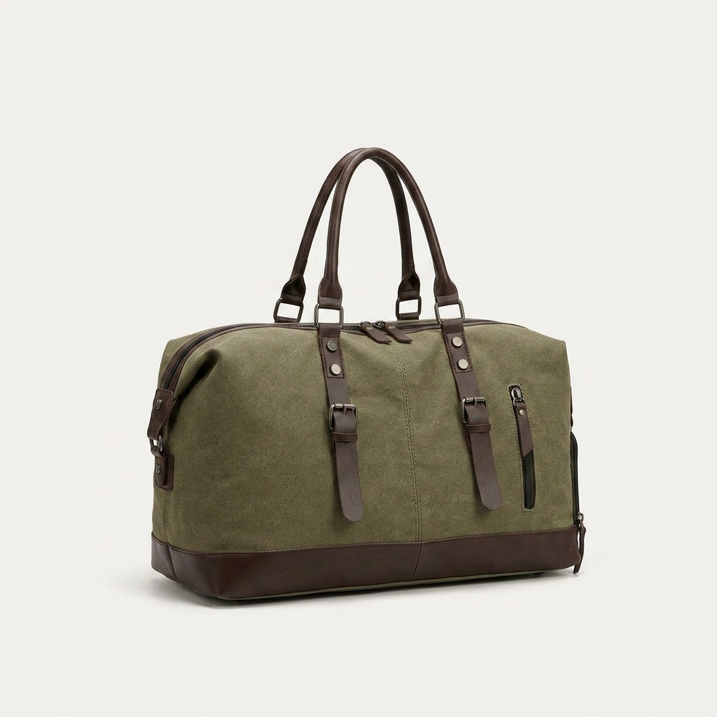 Sac de Voyage Canvas Kaki & Cuir Marron — BelleTrousse