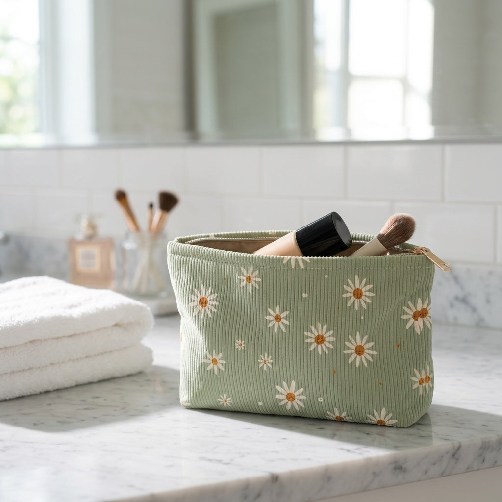Trousse de Maquillage Velours Côtelé Marguerites Vert Sauge — BelleTrousse