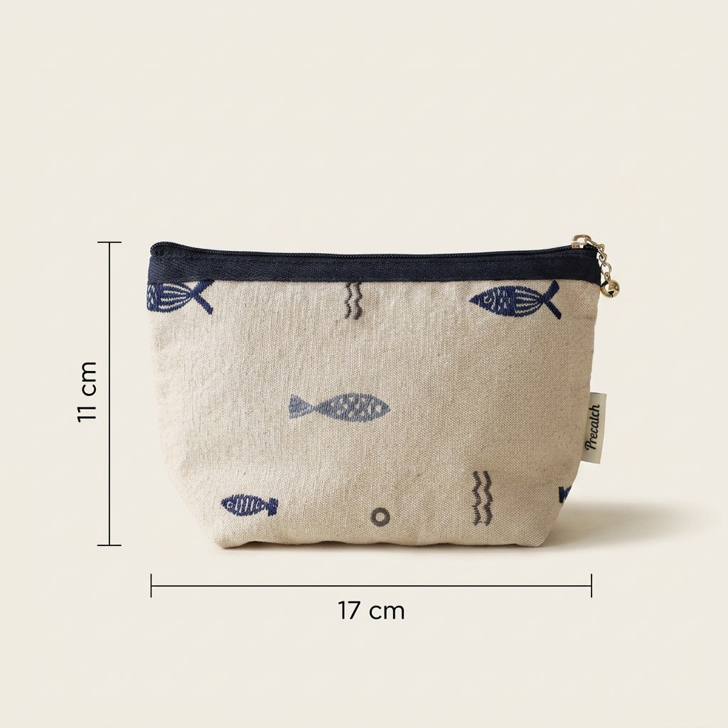 Trousse de Maquillage Lin Brodé Poissons Marine — BelleTrousse